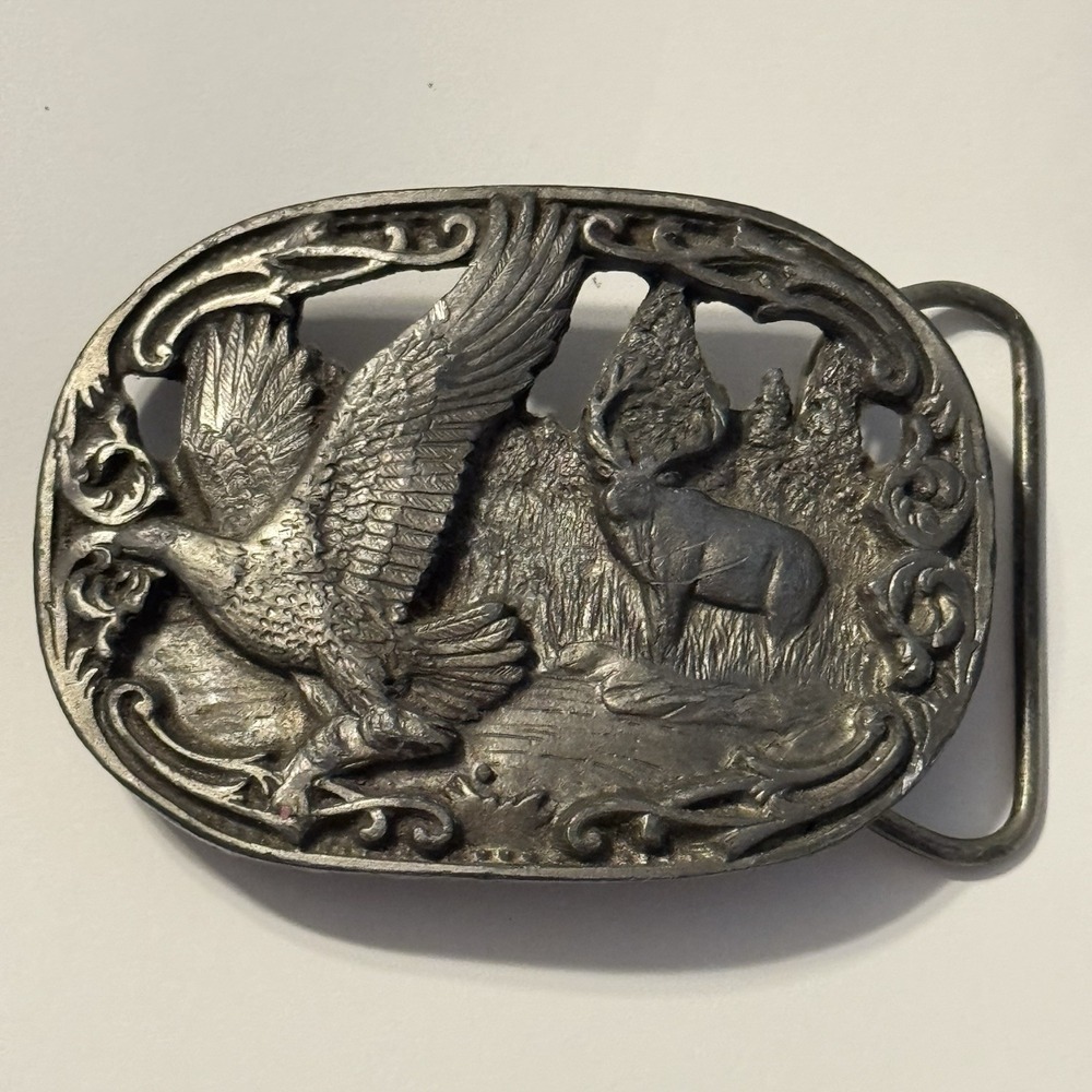 Vintage Pewter Belt Buckle Eagle Buck Deer 1990 C+J Inc 1518 USA Patriotic